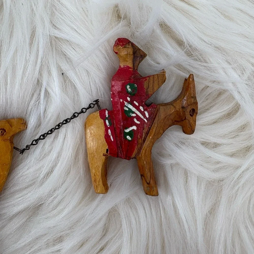 Vintage Donkey &‎ Camel Train Figurines Hand Carved Olive Wood Jerusalem caravan